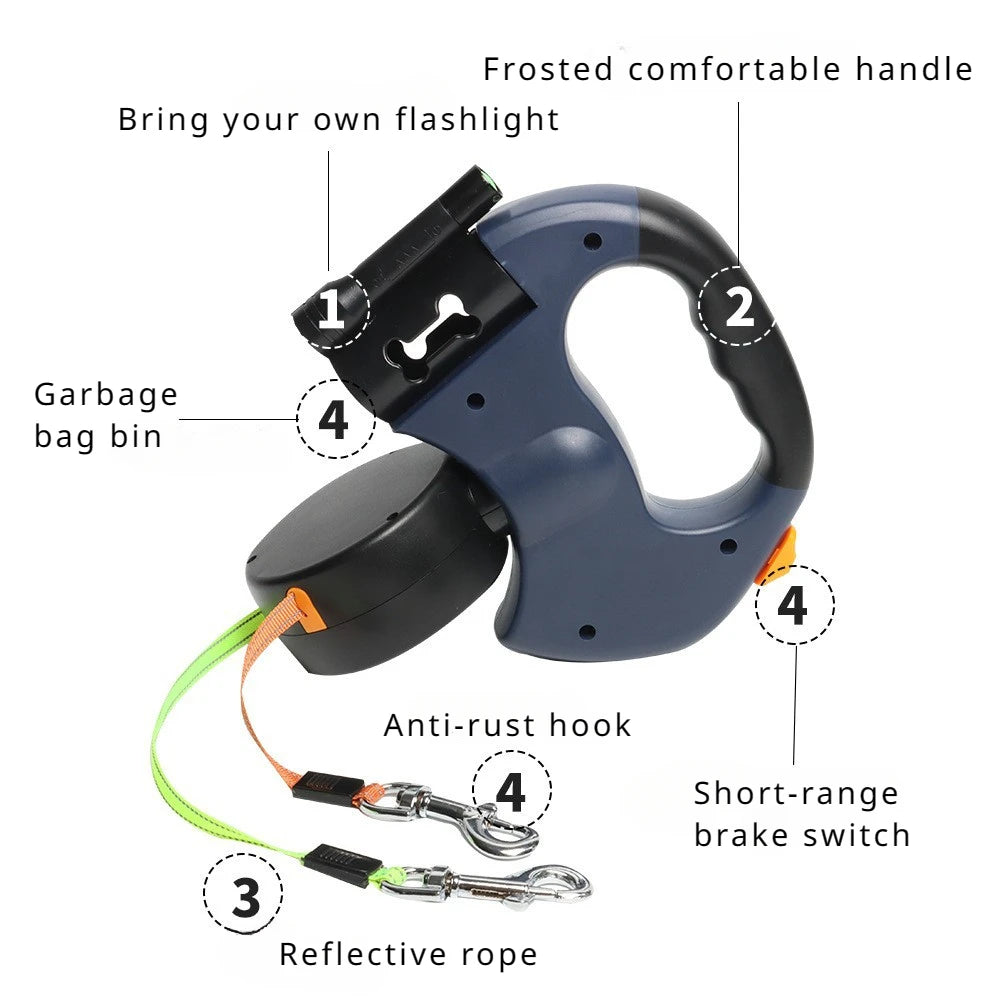 Automatic Retractable Dual Dog Leash with Built-In Flashlight – Easy Two-Dog Walking Solution - My Fur Baby