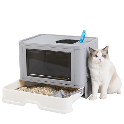 Foldable Cat Litter Box with Front Entry, Top Exit & Massager Litter Scoop – Enclosed Kitty Toilet - My Fur Baby