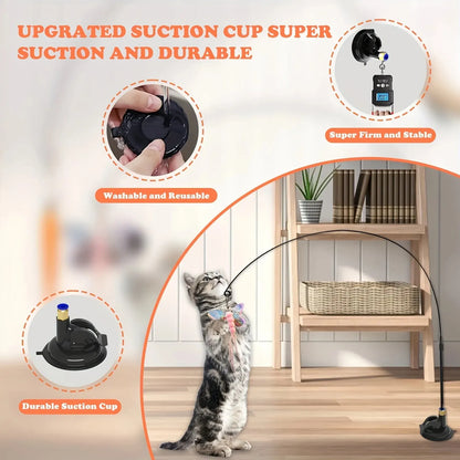 Cat Teaser Toy – Interactive Bell & Feather Wand with Long Suction Cup Pole - My Fur Baby