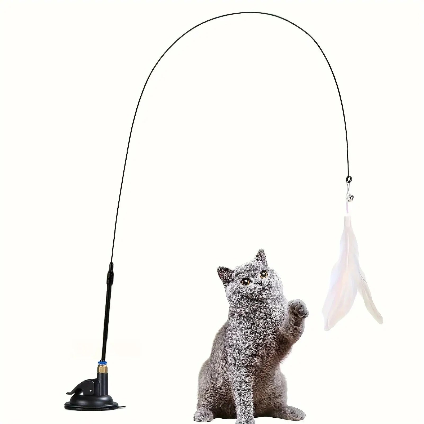 Cat Teaser Toy – Interactive Bell & Feather Wand with Long Suction Cup Pole - My Fur Baby