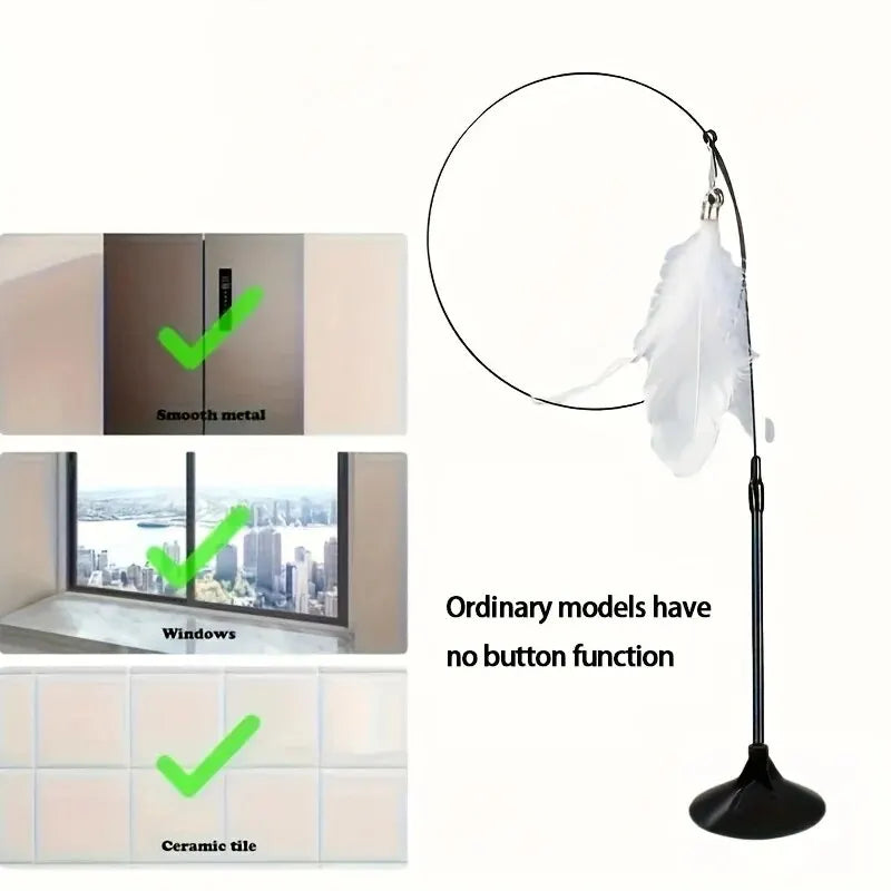 Cat Teaser Toy – Interactive Bell & Feather Wand with Long Suction Cup Pole - My Fur Baby