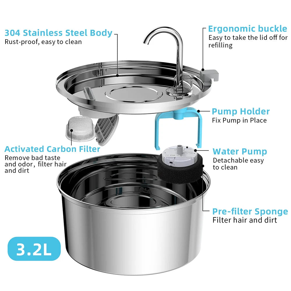 Stainless Steel Pet Water Fountain – 3L Automatic Smart Feeder for Cats & Dogs - My Fur Baby