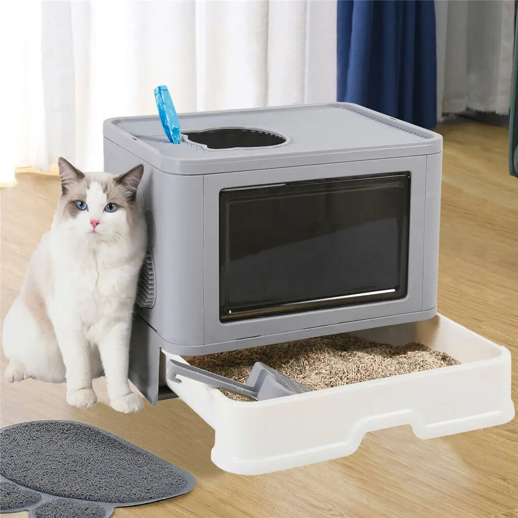 Foldable Cat Litter Box with Front Entry, Top Exit & Massager Litter Scoop – Enclosed Kitty Toilet - My Fur Baby